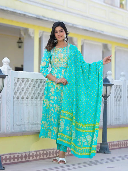 Yufta Sea Green Zari_Work Anarkali Pant Dupatta Set