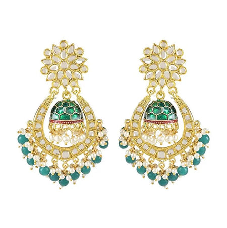 Jewel City Green and Gold-Plated Kundan Chandbali Earrings ā Traditional Indian Jhumka Earrings with Pearls