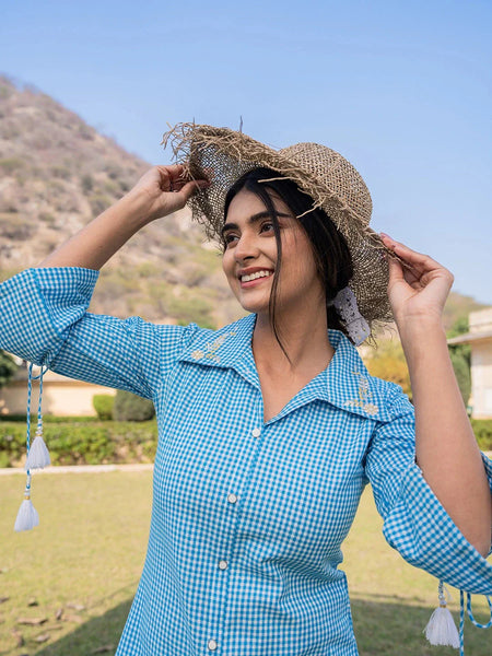 Yufta Sky Blue Cotton Checks Printed Embroidery Top