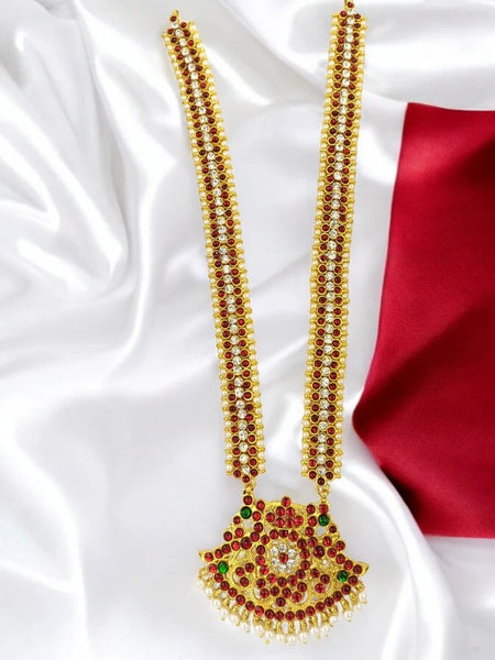 Elite Trading Handcrafted Long Haar for Bharatanatyam – Red White Stone Necklace/Bharatanatyam Kemp Long Necklace for Girls and Women