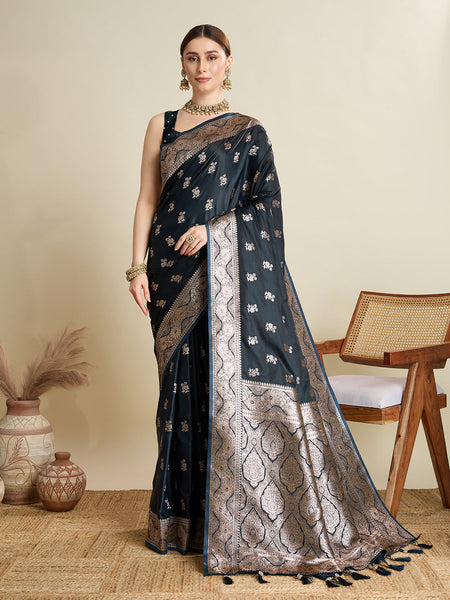 Vedant Vastram Soft Litchi SIlk Banarasi Silk Jacquard Saree - Navy Blue