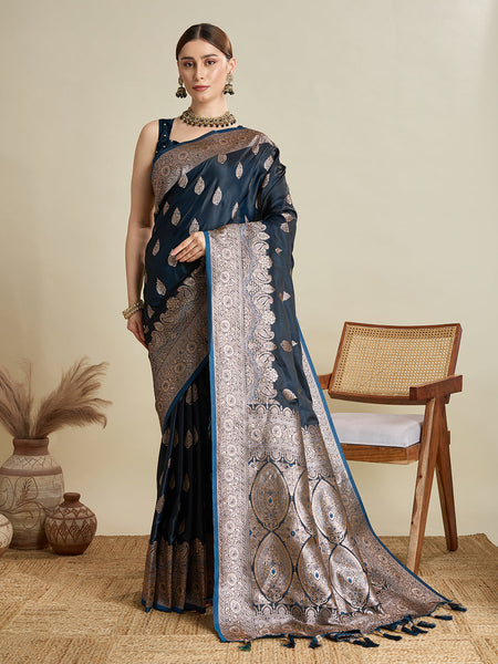 Vedant Vastram Soft Litchi SIlk Banarasi Silk Jacquard Saree - Navy Blue