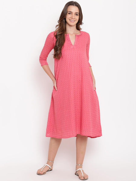 trueBrowns Brick Pink Dobby Grid Flared Dress