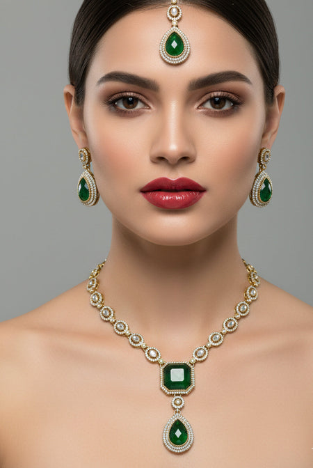 Jewel City Traditional 3-Piece Green Jewelry Set (Necklace, Earrings, And Maang Tikka)
