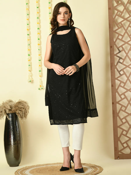 Myshka Women's Black Georgette Sleeveless Straight Party Kurta With Dupatta Set