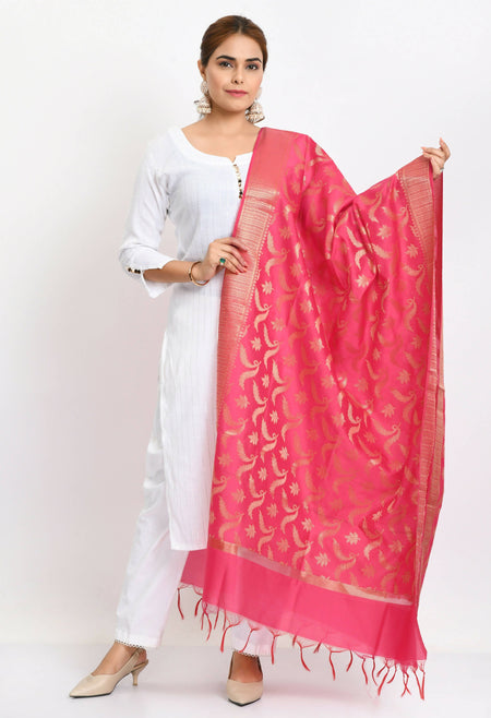 Mominos Fashion Moeza Women's Banarsi Silk Floral Woven Design Pink Dupatta