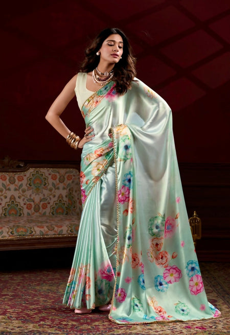 Vastranavya Pista Satin Silk Floral Printed with Pearl Lace Saree with Unstitched Blouse