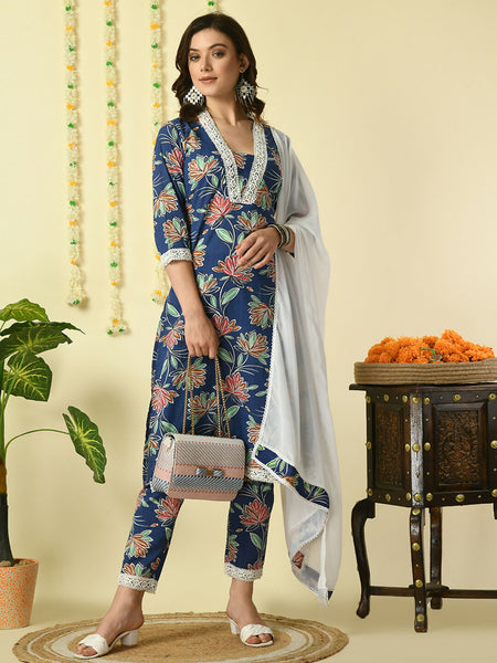 Myshka Women's Blue Pure Cotton Kurta & Trousers With Dupatta Party Sets