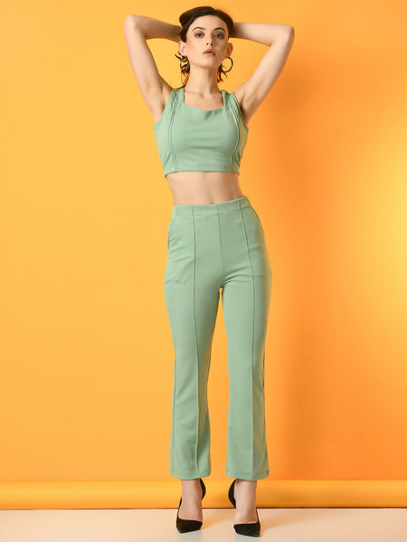 Myshka Women's Green Solid Top With Trousers