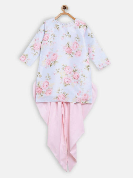 Ahalyaa Pink Polysilk Floral Printed Kids Kurta Dhoti Set For Girls