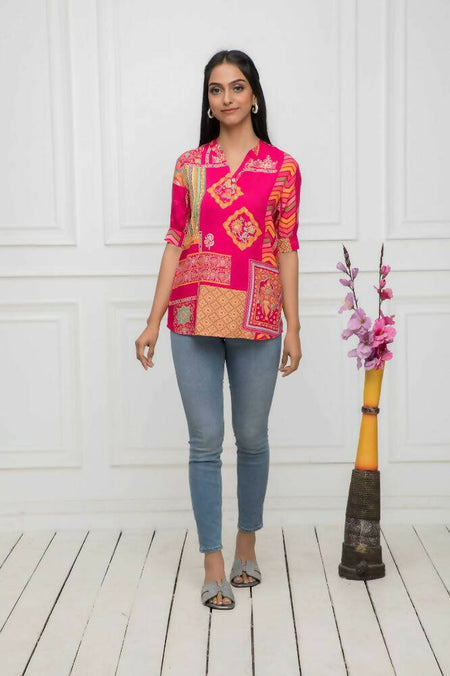 Myshka Women Red Floral Mandarin Collar Regular Sleeves Viscose Rayon Top