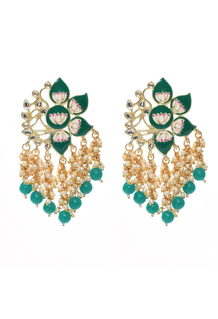 Mominos Fashion Johar Kamal Gold-Polished Kundan Green Meenakari Earrings