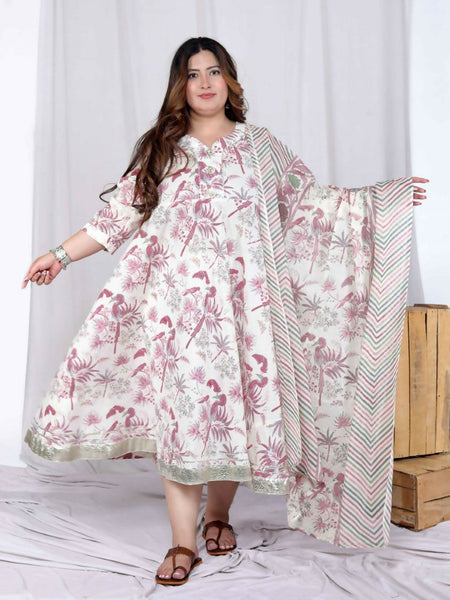 Miravan Women's Plus Size Light Pink Floral Printed and Anarkali Kurta with Dupatta
