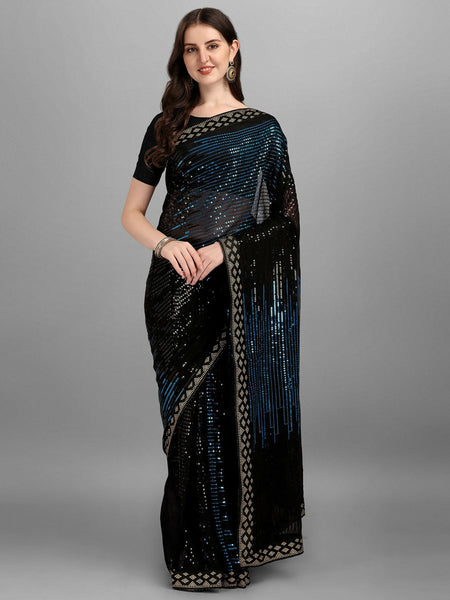 Vegaa Fashion Black Georgette Embroidered Party Wear Saree