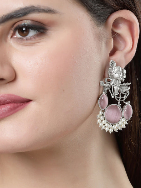 NVR Women's Silver-Plated Artificial Stones and Beads Radha Krishna Drop Earrings