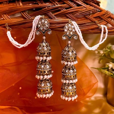 Joban Fashion Layered Jhumka Earrings With Earchains - Golden