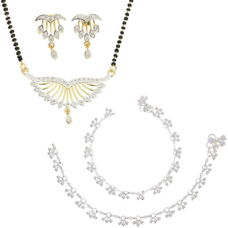 AanyaCentric Gold-Polished Mangalsutra Pendant Earring Set & Silver Plated Anklet
