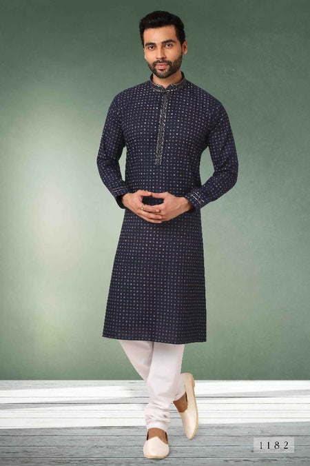 Raivat Ethnic Cotton Printed Work Kurta Pajama In Navy Blue Colour