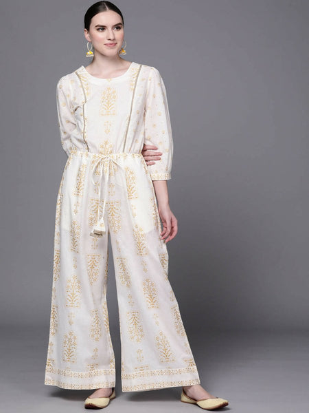Ahalyaa Off White Printed Basic Jumpsuit