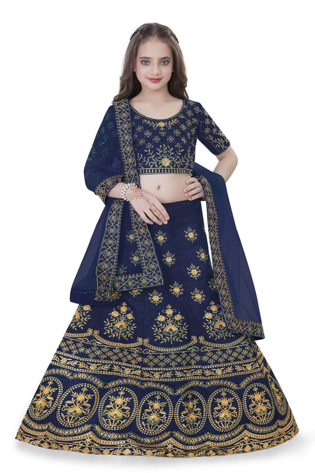 Dwiden Navy Blue Lehriyu Tafetta Sattin Semi-Stitched Girl's Lehenga Choli