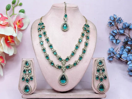 Jewel City Teardrop Bridal Necklace Set with Earrings & Maang Tikka - Ethnic Wedding Jewelry for Brides & Parties