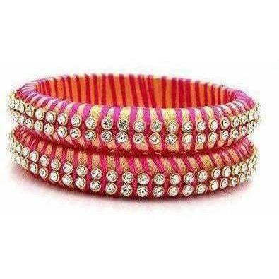Pink Color Threaded and White Stone Bangles - Set of 2 Bangles