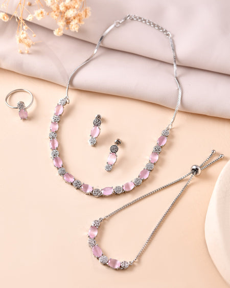 VOJ Silver Plated Baby Pink Stone Studded Necklace With Earrings, Ring And Bracelet Set