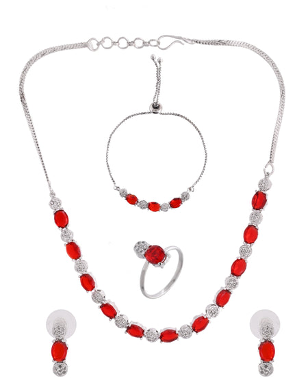 VOJ Silver Plated Red Stone Studded Necklace With Earrings, Ring And Bracelet Set