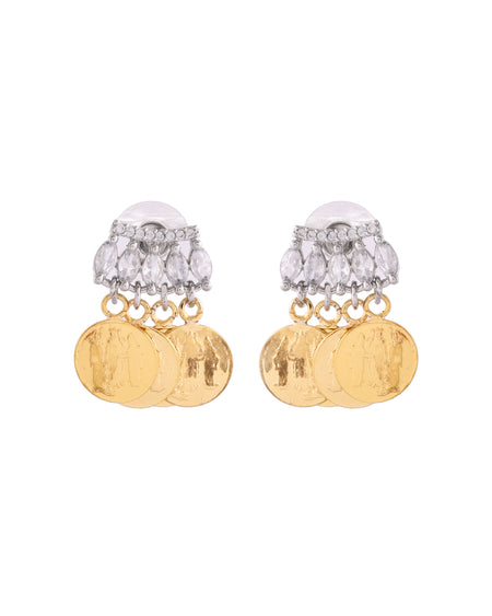 VOJ Gold Polished Small Coin & Stone Studded Studs Earrings