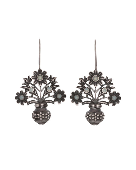 VOJ Silver Plated Floral Shaped Oxidized Drop Earrings