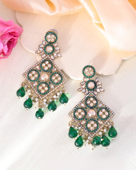 VOJ Green Stone Studded Gold-Polished Square Shaped Earrings