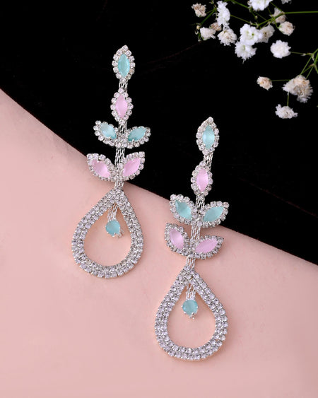 VOJ Silver-Toned Mind Green And Pink Teardrop Shaped Drop Earrings