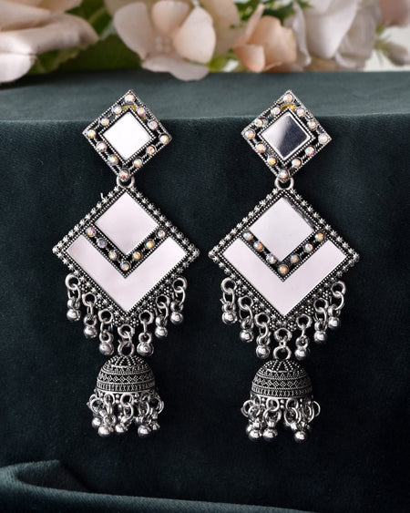 VOJ Silver Plated Mirror Studded Square Shaped Earrings