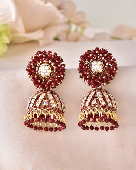 VOJ Marron Beads And Stone Studded Jhumka Earrings
