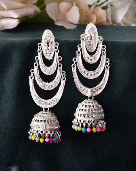 VOJ White Oxidized Mult Layer Chandbali Earrings