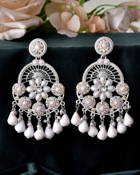 VOJ Elegent White Ethnic Chandbali Earrings With Pearl And Stone Earrings