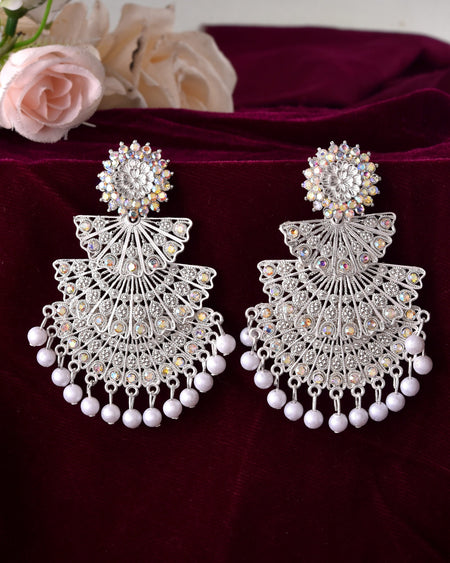 VOJ White Oxidized Multi Layered Stone Studded Earrings