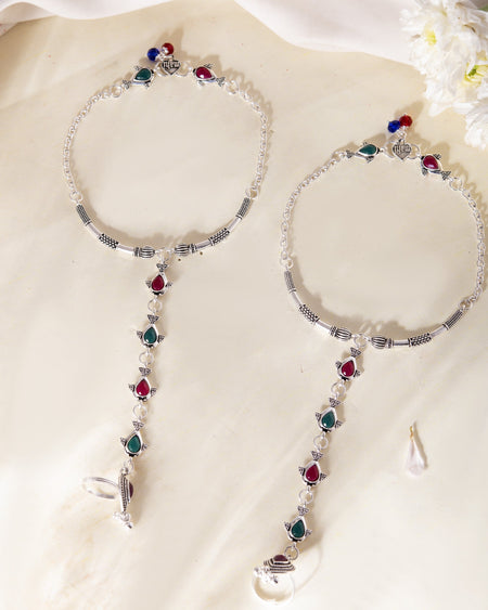 VOJ Set of 2 Silver Toned Meenakari Anklet With Toe Ring
