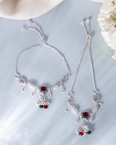 VOJ Set of 2 Silver Plated With Beads Anklet