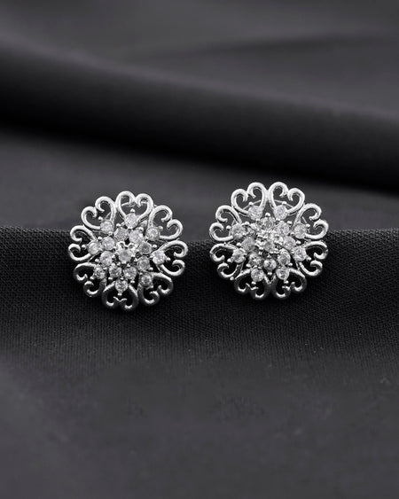 VOJ Silver Plated AD-Studded Flower Shape Stud Earrings