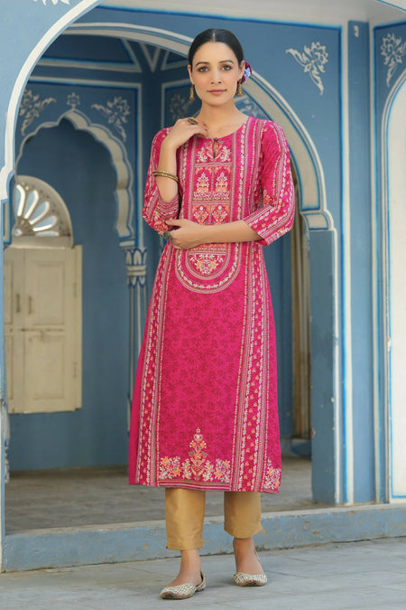 Juniper Women's Fuchsia Rayon Staple Placement Printed A-Line Kurta