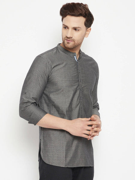 Even Apparels Grey Color Pure Cotton Short Men's Beautiful Kurta With Band Collar