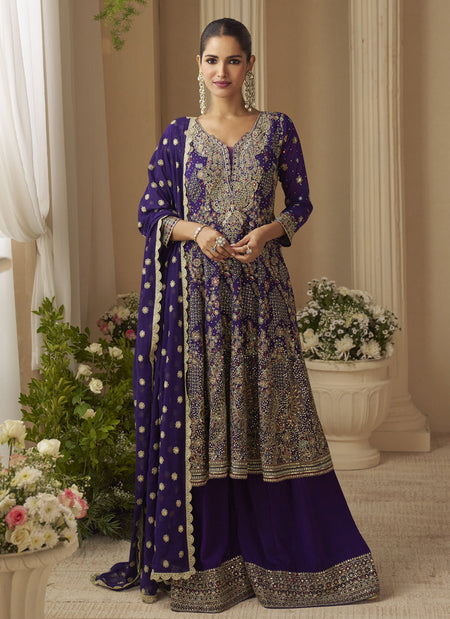 Vegaa Fashion Violet Georgette Embroidered Seroski Zarkan Work Palazzo Suit