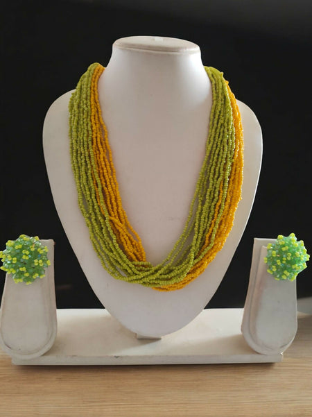 Inhanns Vibrant Handmade 20 Layers Beaded Necklace With Matching Earrings - Yellow & Green