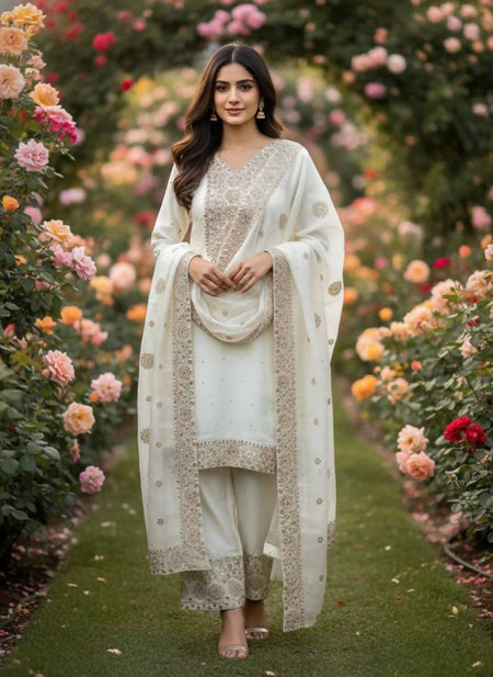 Teeya Creation White Color Fendy Silk Embroidery Work Wedding Wear Salwar Suit