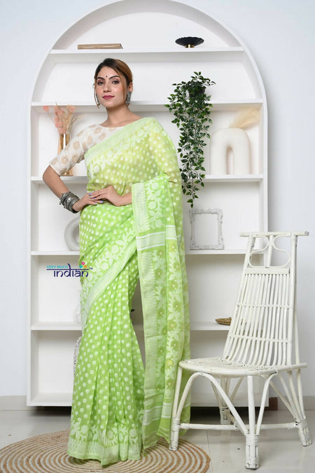 Very Much Indian Jamdhani Cotton Saree - Pista Green