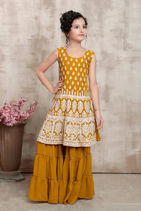 Kids Wedding Designer Yellow Faux Georgette Fabric Sharara Suit - Aaradhna