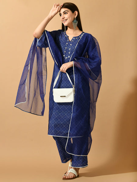 Myshka Women's Blue Embroidered Party Kurta Sets