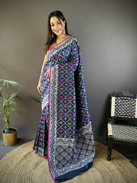 Joban Fashion Royal Blue Jacquard Woven Pattern Lichi Soft Silk Banarasi Saree