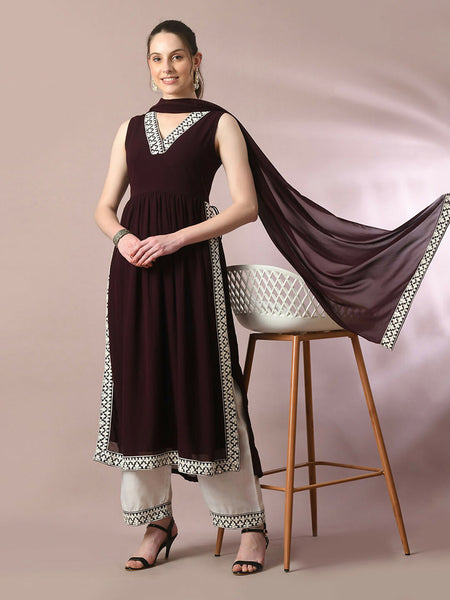 Myshka Women's Coffee Brown Solid Georgette Anarkali Party Kurta Set With Dupatta